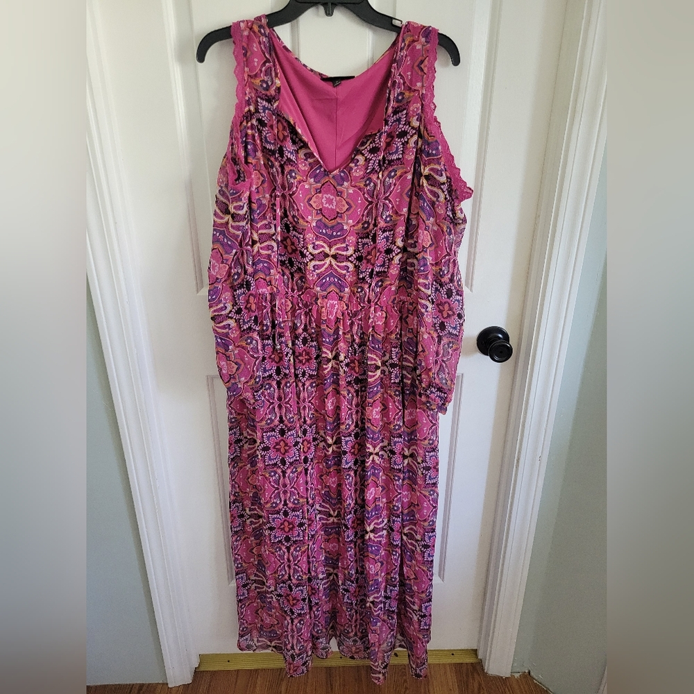 Lane Bryant Women’s Boho Floral Lace Trim Pink Purple Multicolor Dress Size 18